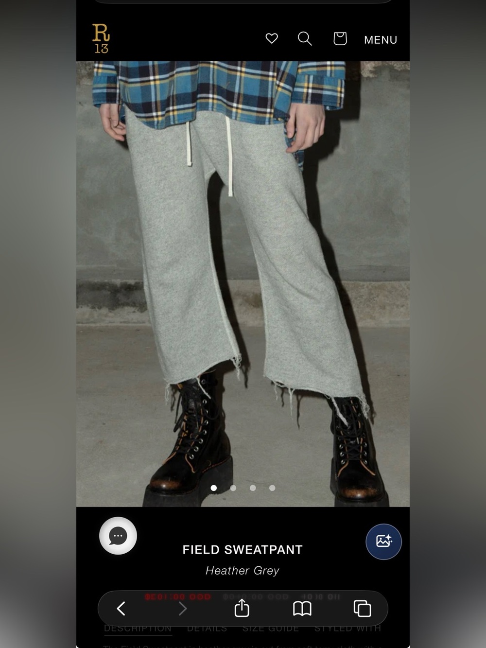 R13 Field Terry Sweatpants heather grey raw frayed edge Japanese street fashion - Picture 7 of 10
